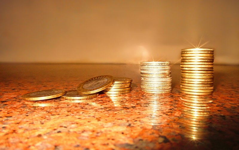 stacked and loose coins on a countertop surface, _coins money 4k