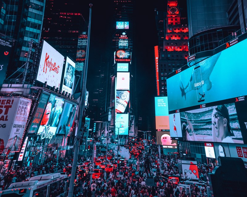 colorful advertisements filling times square with blue and red light, httpswwwinstagram_comritsxn 4k