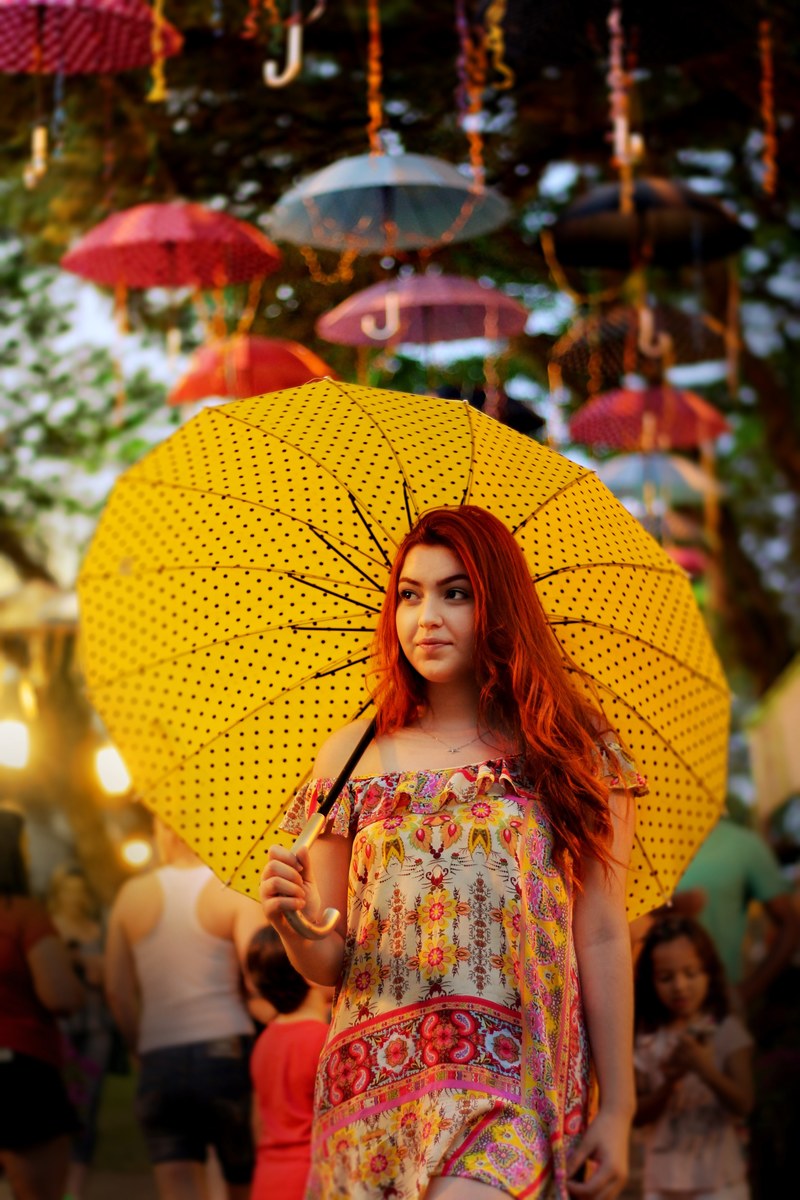 an asian redhead female holding a yellow umbrella, _asian girl holding umbrella 4k