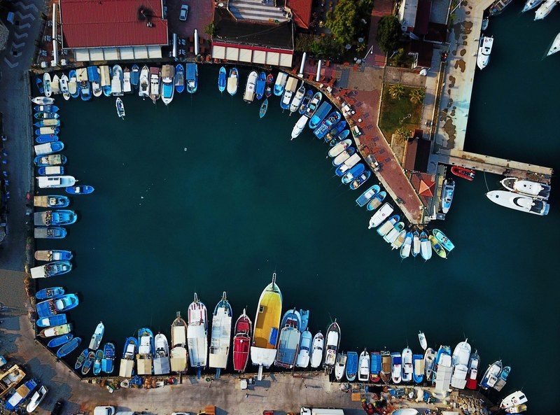 drone view aerial view harbour and boats 4k