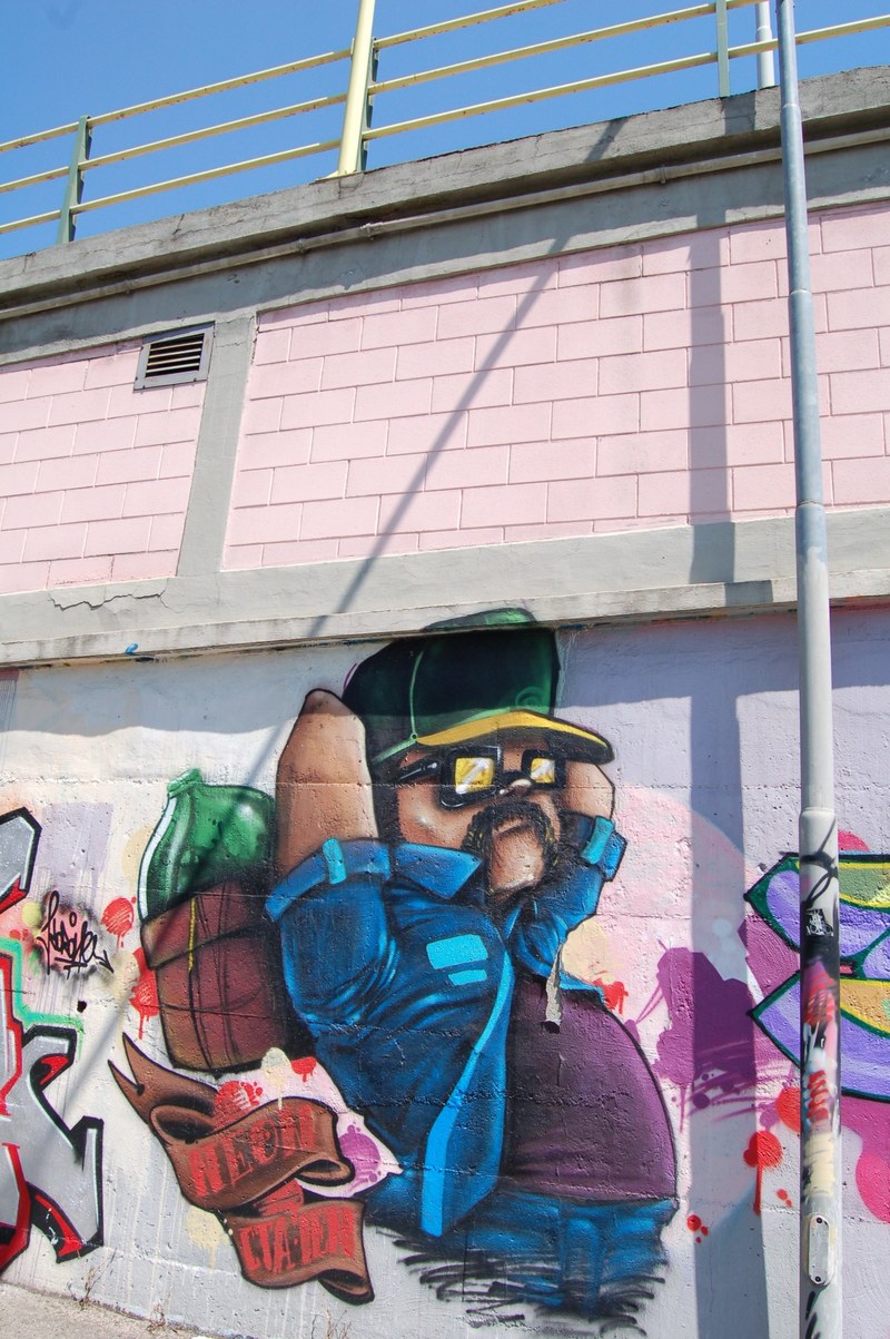 a wall painting of a fat man with no hands, _fat handless guy wall painting 4k