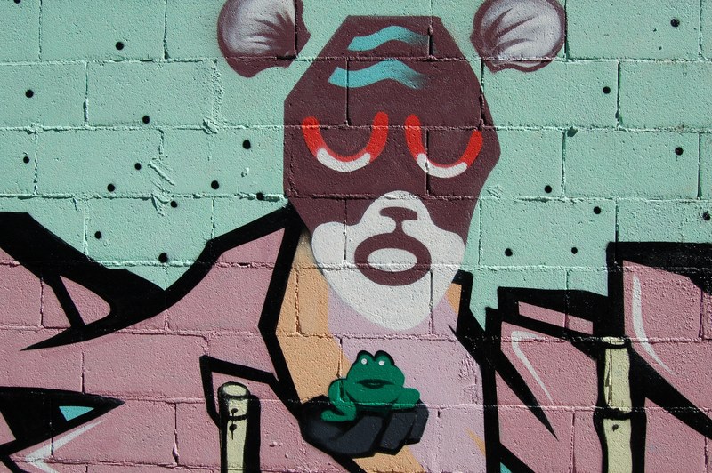 a weird face painted on a wall holding a frog, _graffiti frog face 4k