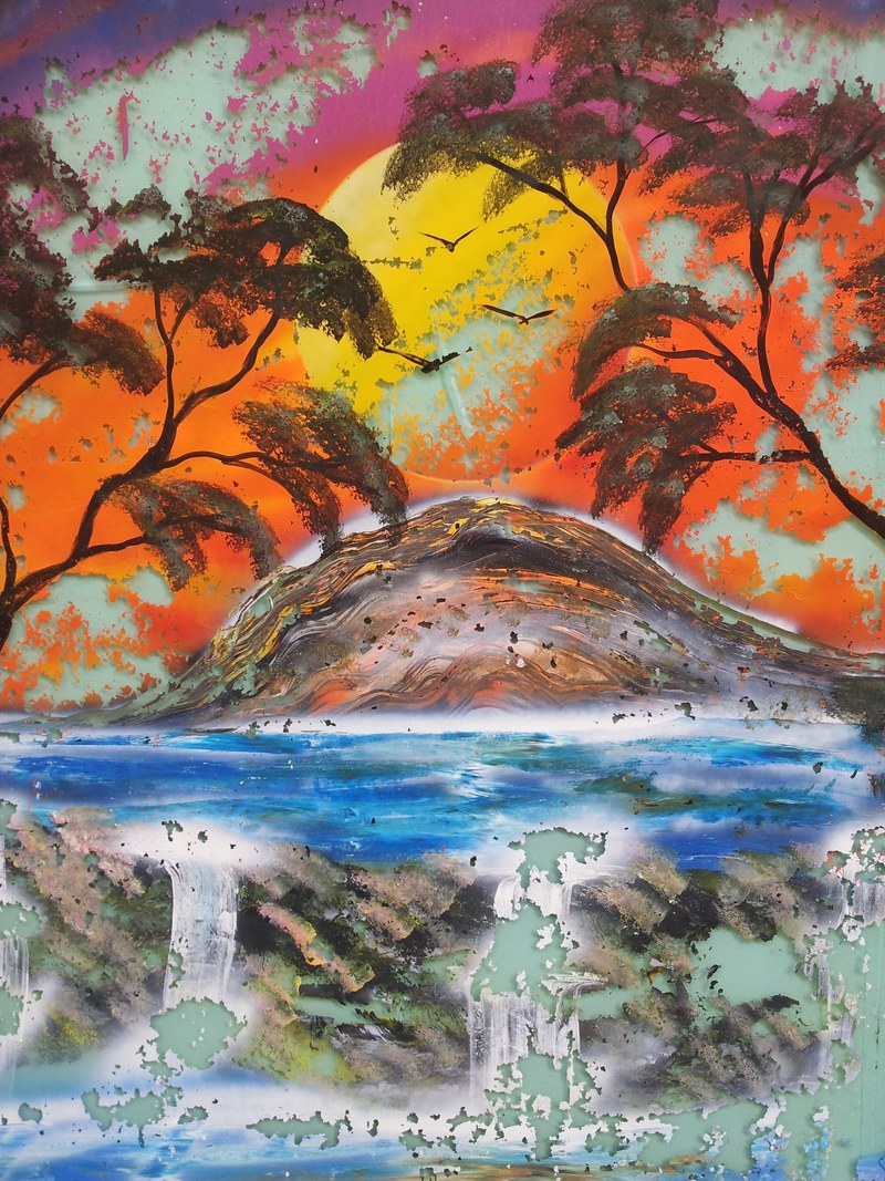 an abstract river mountain and sun painting, _abstract sunset over mountain 4k