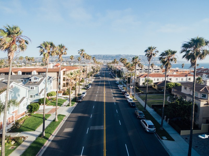 drone view of palm tree avenue at south redondo redondo beach california united states, redondo beach street_ 4k