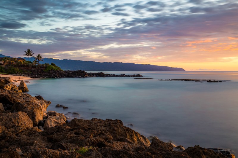 rocky shoreline with palm trees by the calm ocean at three tables beach during sunset, shoreline at sunset 4k