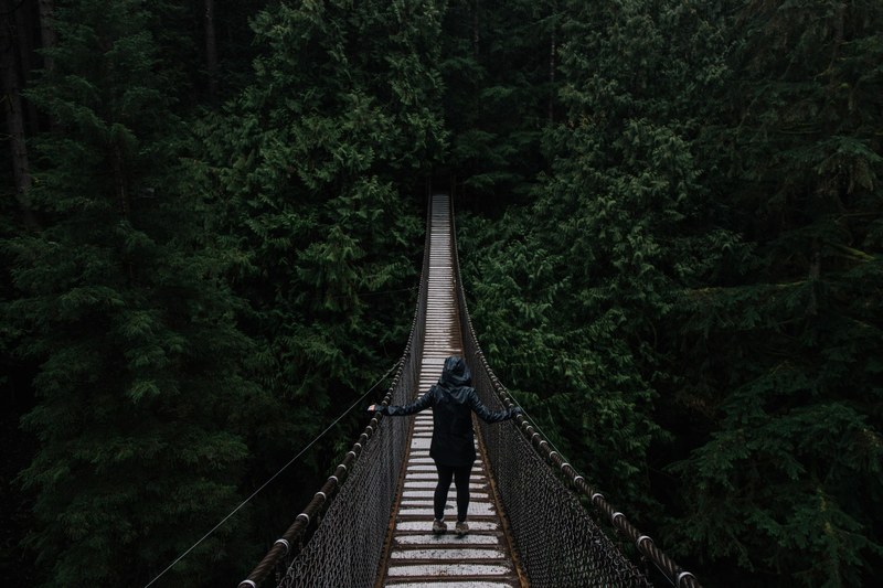 a female walks across the bridge at lynn canyon park in north vancouver british columbia, a girl walking across a bridge 4k