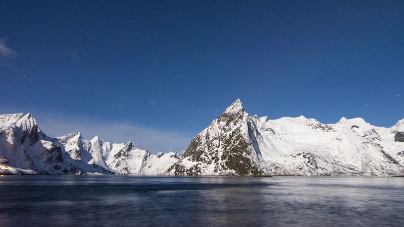 mountains, peaks, snow, sky, lake, 4k