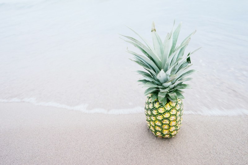 fresh pineapple sitting on the ocean shoreline, beach pineapple 4k