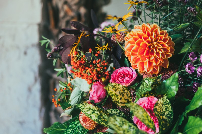 a floral arrangement with dahlias peonies and rowan berries, flowers and rowan berries 4k