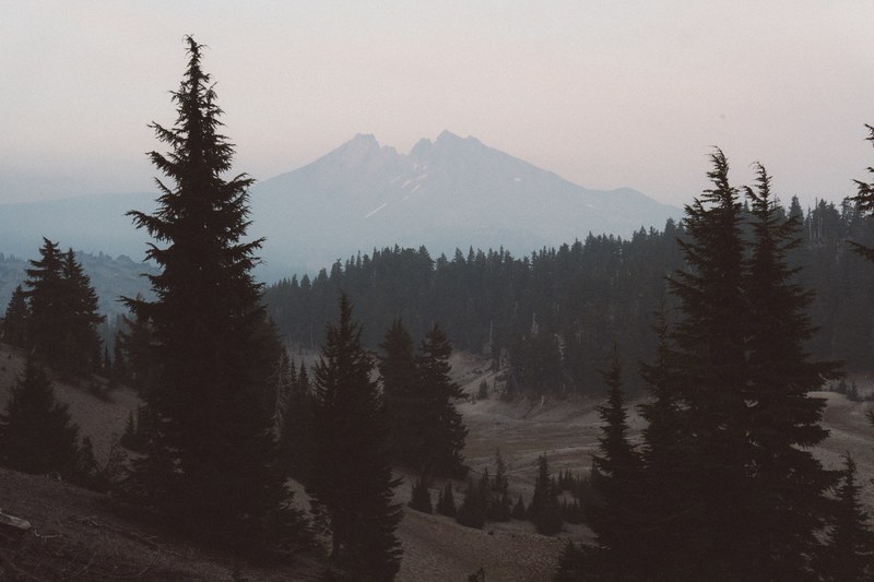 mountain landscape with pine tree forest in the foreground, smokey sunset in the wilderness 4k