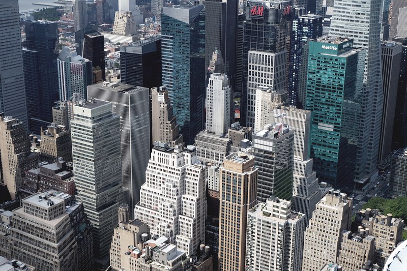 a high view of high rises and skyscrapers in new york, buildings of new york birds eye 4k