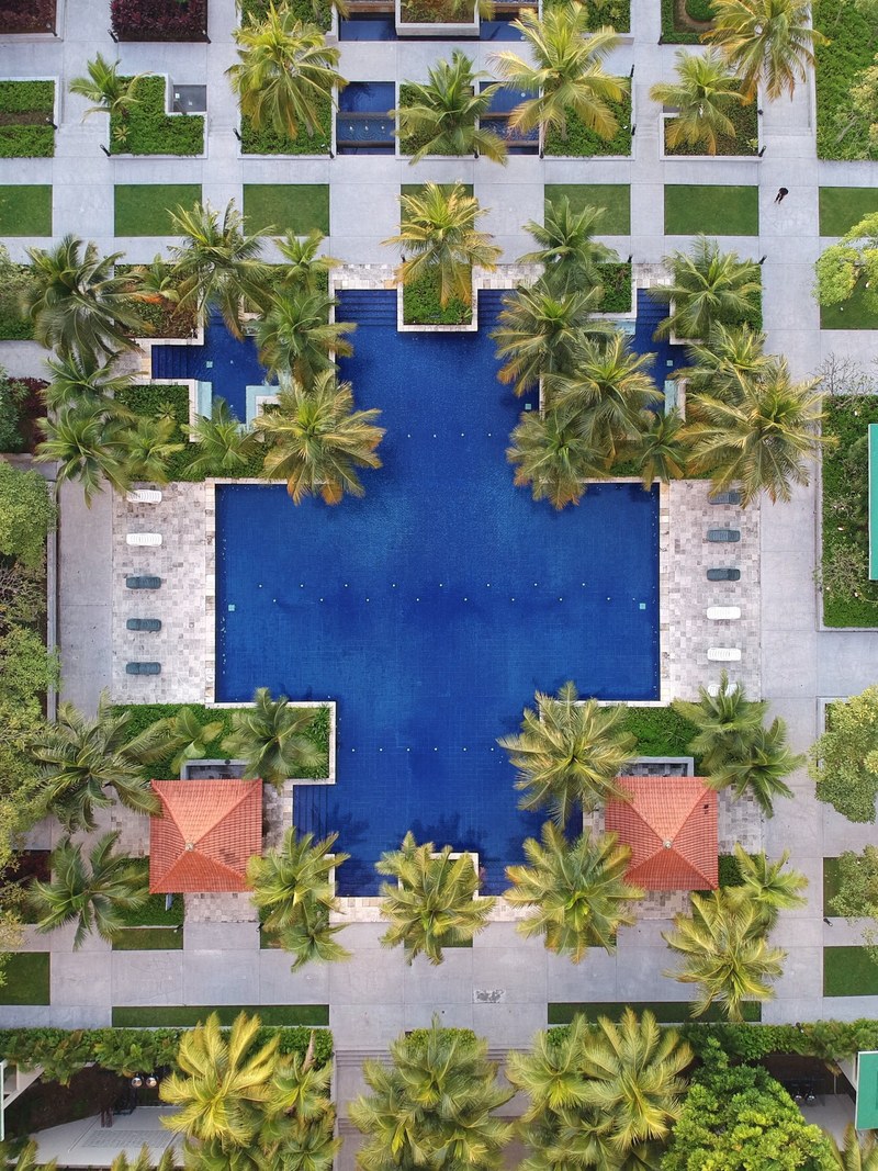 palm trees blue swimming pool and crosses hd, 4k