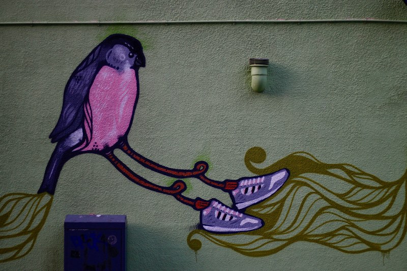 street art on building exterior with purple and pink bird wearing purple sneakers, bird in sneakers street art 4k