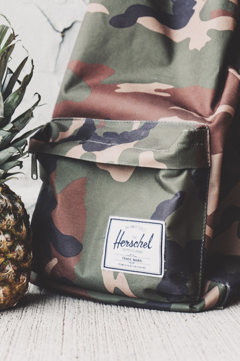 cropped shot of a camo backpack and part of a pineapple, _traveling with a pineapple 4k