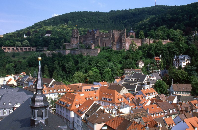 view for heidelberg castle from heiligkeitskirche 4k