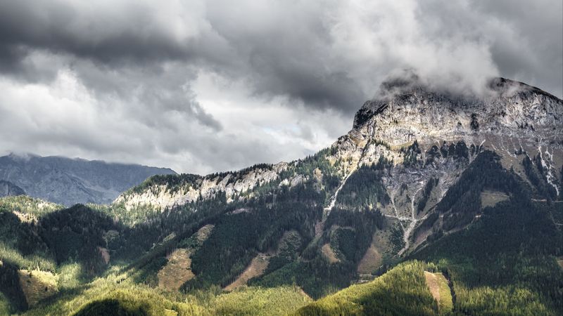 cliff, mountains, grass, sky, 4k