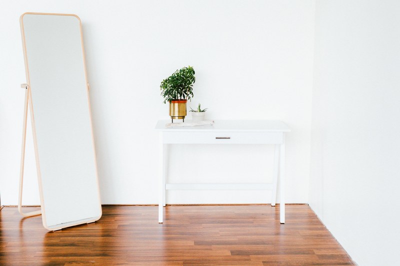 white room interior with hardwood floor with a desk plant and full length mirror, home sweet home 4k