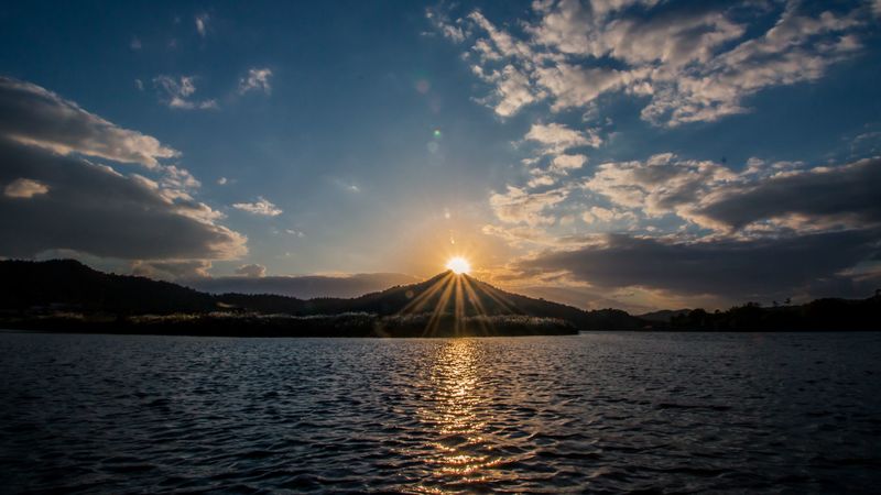 lake, mountains, sunset, 4k