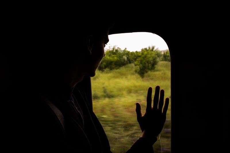 man looking outside with hand on window and view of green landscape in algeria, a 4k