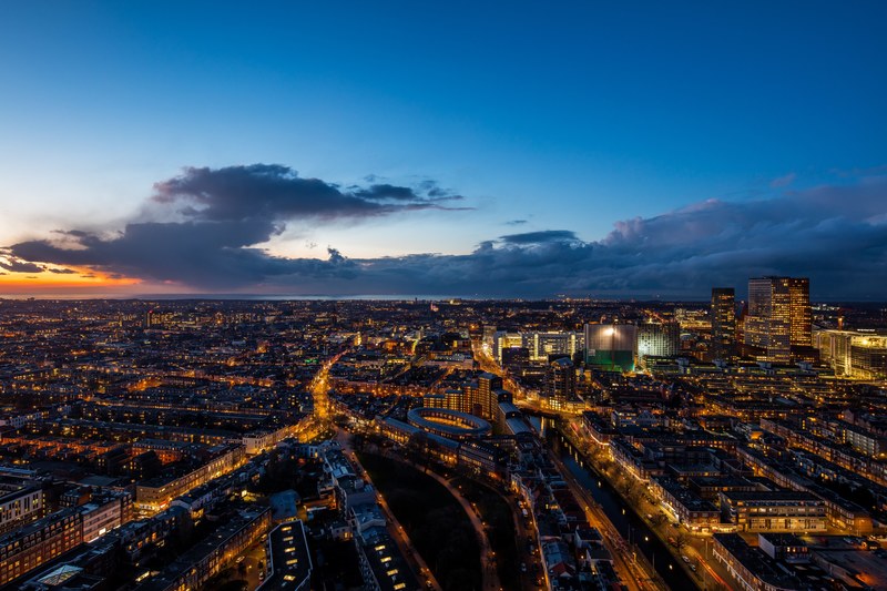 a beautiful lit up skyline of the hague on an evening, bright skyline of the hague 4k
