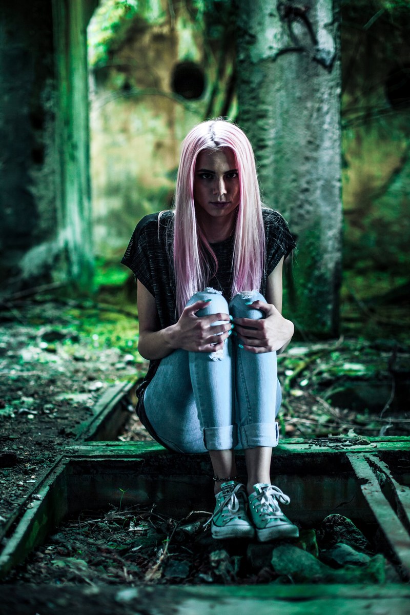 abandoned factory girl with pink hair 4k
