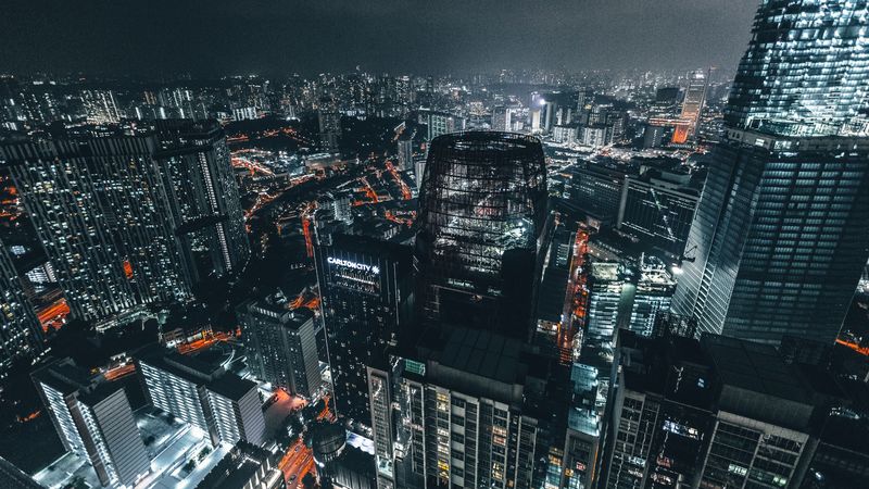skyscrapers, night, top view, city lights, metropolis, 4k