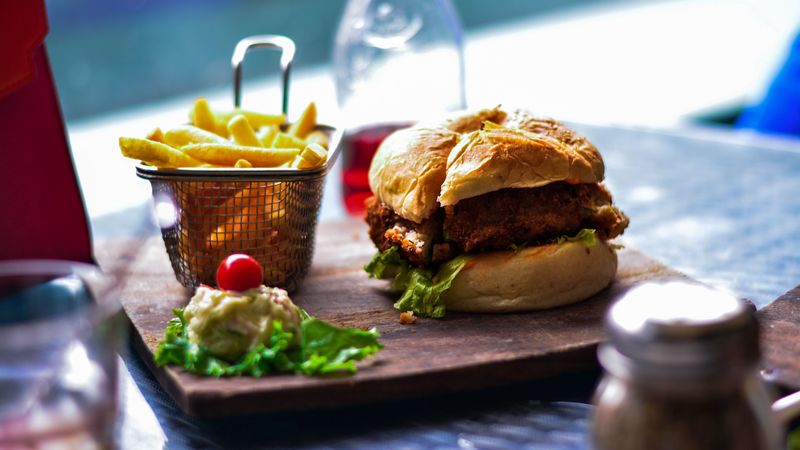 french fries, burger, hamburger, vegetables, bun, 4k