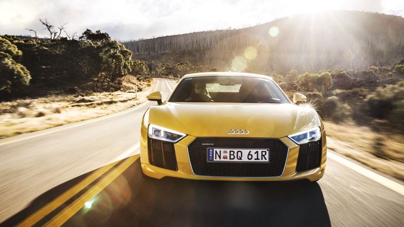 audi, r8, v10, yellow, front view, 4k