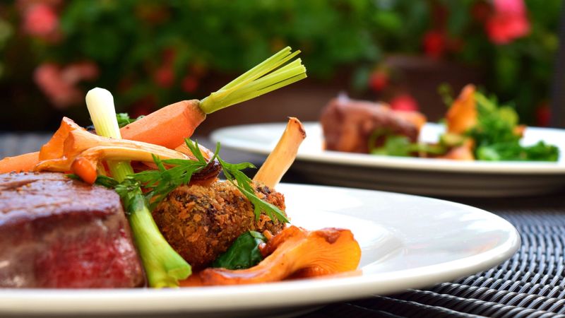 steak, meat, vegetables, dinner, 4k