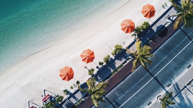 drone aerial view of footpath palm trees and sun umbrellas by the sand beach in rasfannu, alter_ 4k