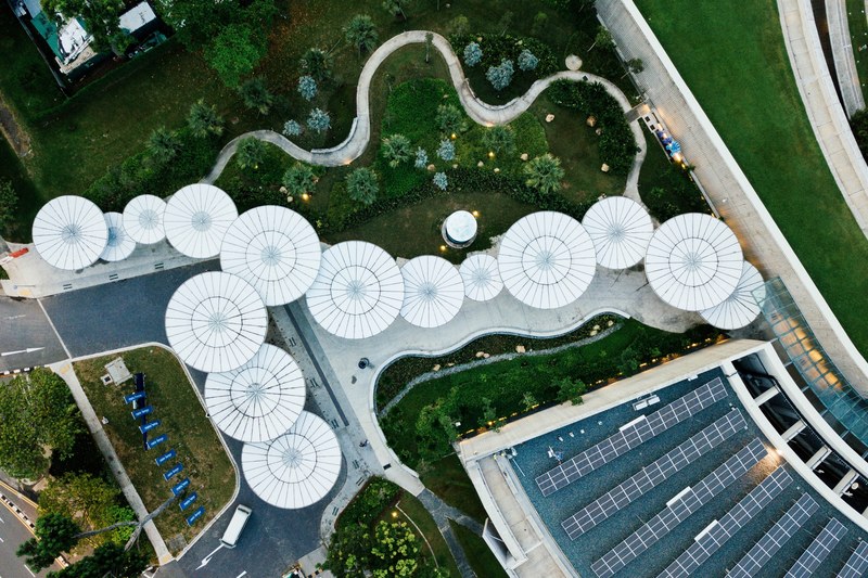 aerial view rooftop solar panel and urban 4k