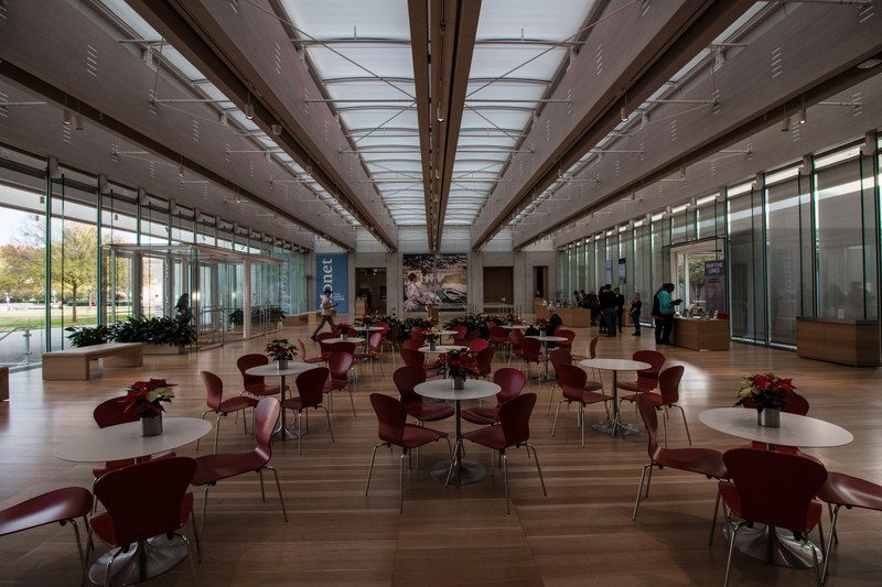 interior of kimbell art museum with chairs and tables and ceiling architecture, kimbell art museum 4k