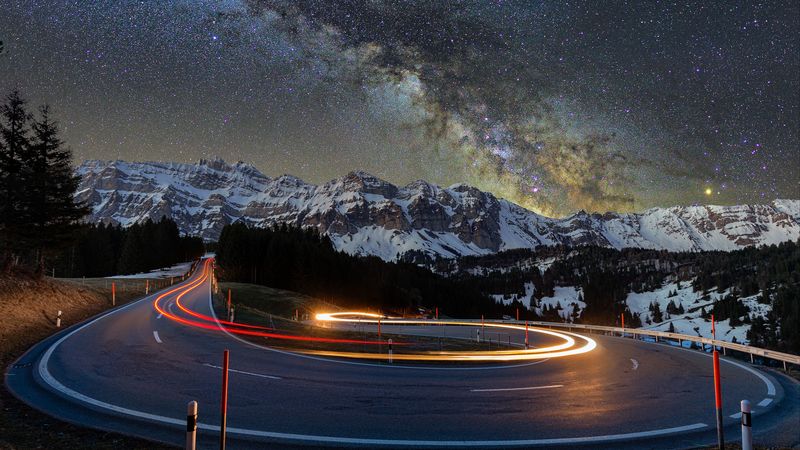mountains, road, snowy, marking, 4k