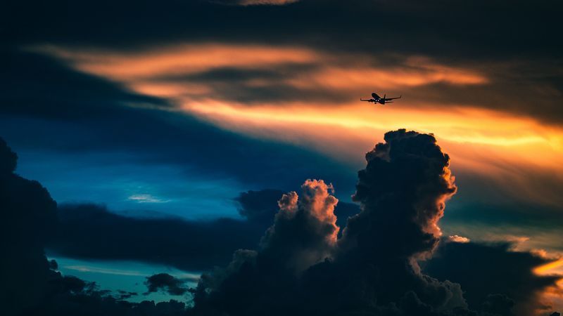 plane, sky, night, clouds, sunset, 4k