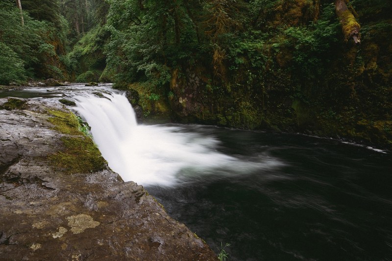 a low waterfall pouring into a river in a forest in oregon, small forest waterfall 4k