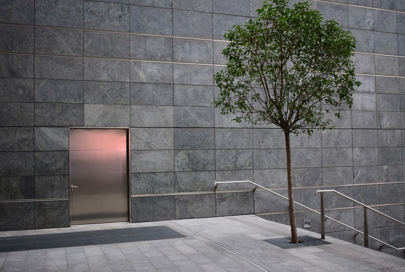 wide doors in a tiled facade near a staircase and a small tree, piazza gae aulenti milan italy 4k