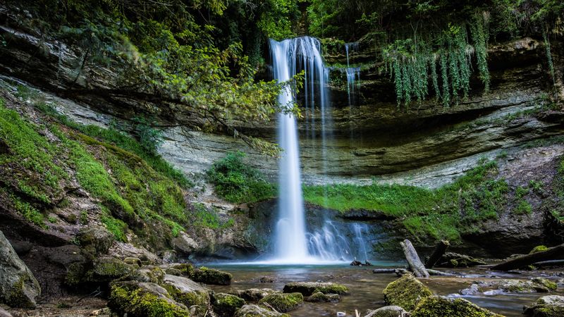 waterfall, water, rocks, landscape, 4k