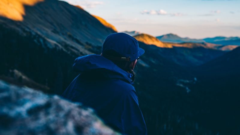 mountain, man, cap, jacket, top, 4k
