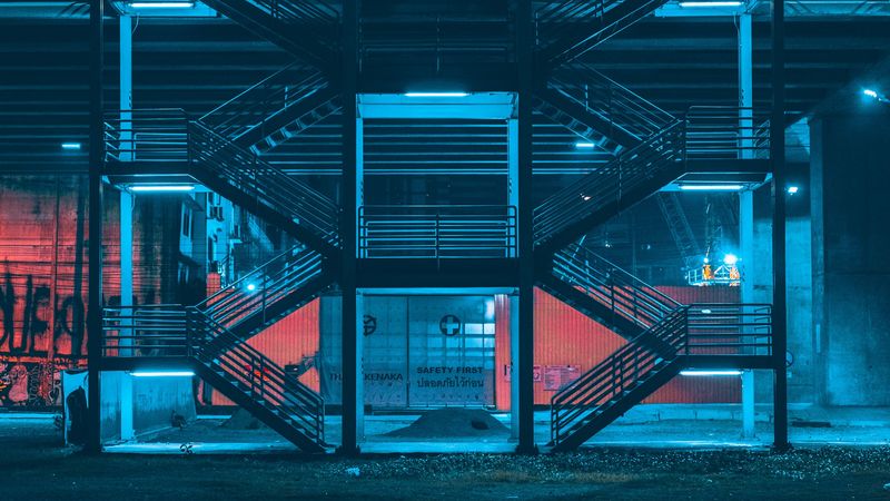 stairs, night, neon, 4k