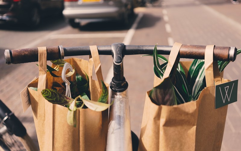 paper bags of houseplants hang on the handlebars of a bicycle, shopping in amsterdam 4k