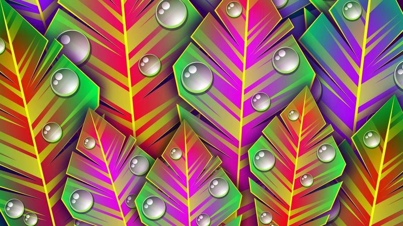 leaves, dew, art, bright, lines, patterns, 4k
