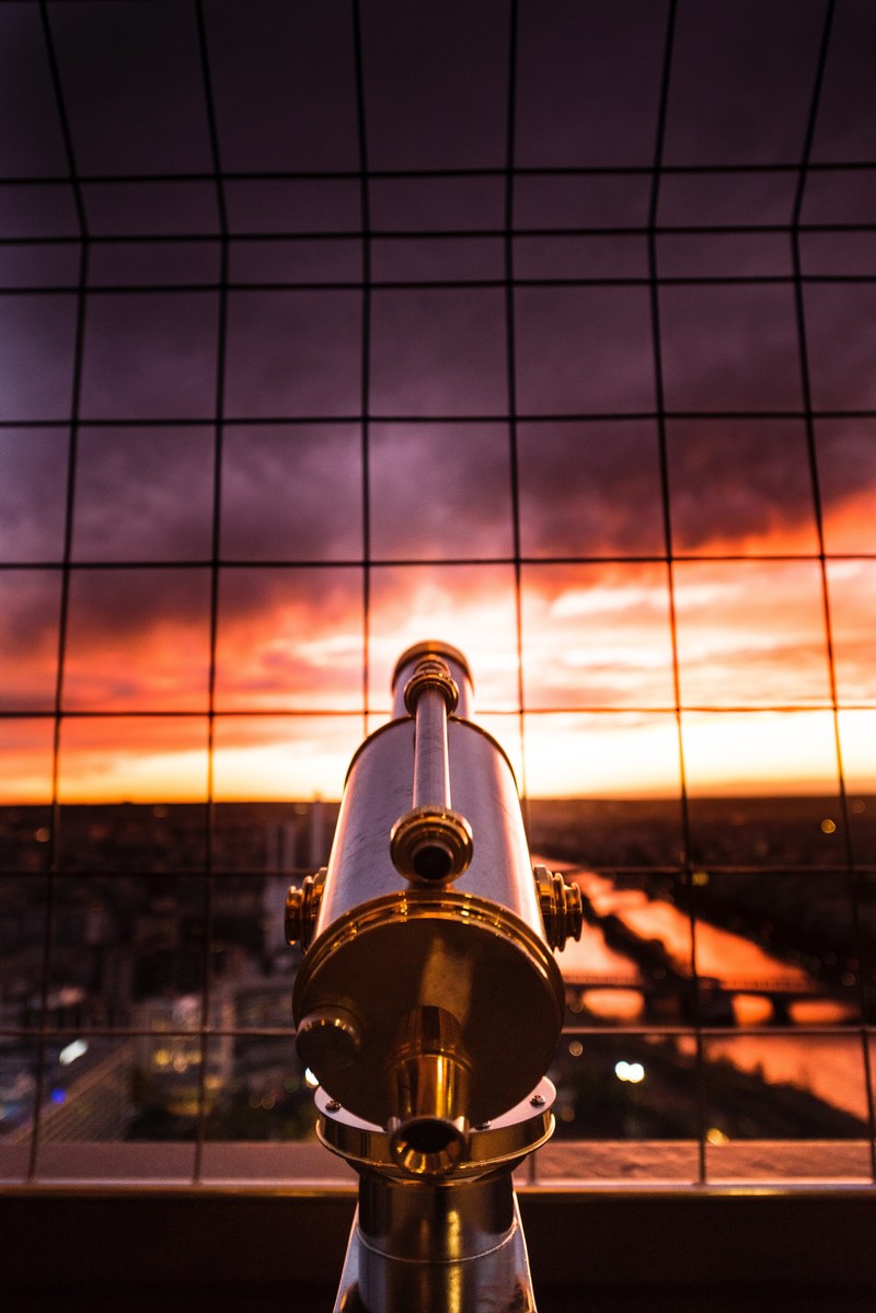 looking at the sunset behind a telescope in paris, _sunset in paris 4k