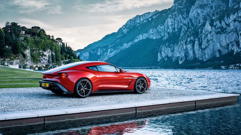 aston martin, vanquish, red, side view, mountain, lake, 4k