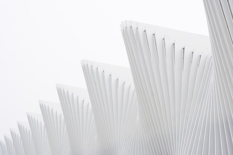 white ribs in a facade against a white sky, white architecture 4k