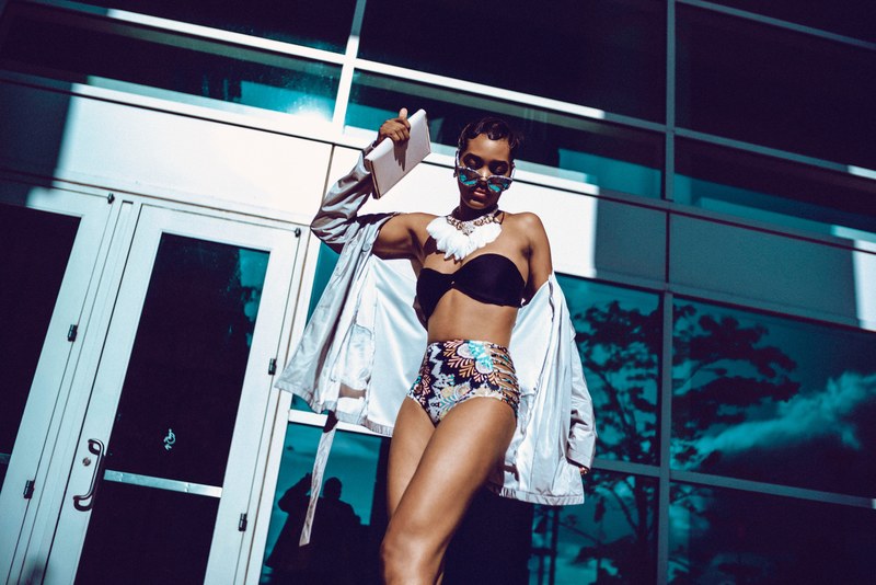 fashionable woman wearing a swimsuit and carrying a book, smooth like silk 4k