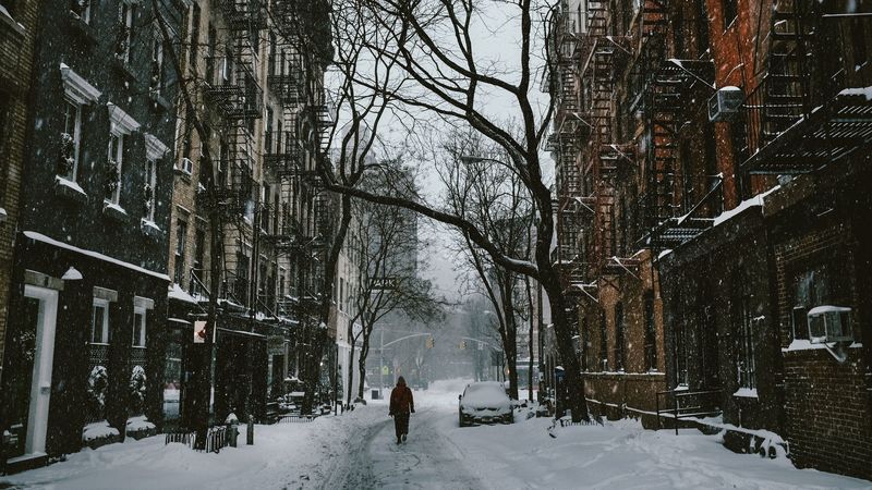 city, house, winter, snow, street, 4k