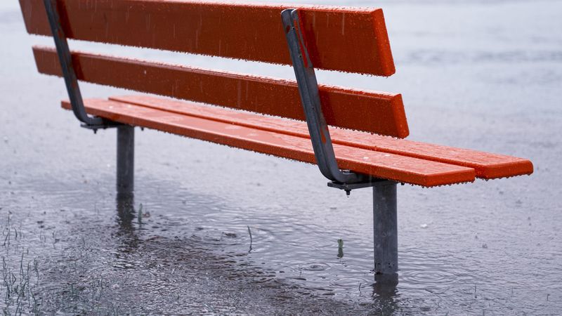 bench, rain, downpour, puddles, 4k