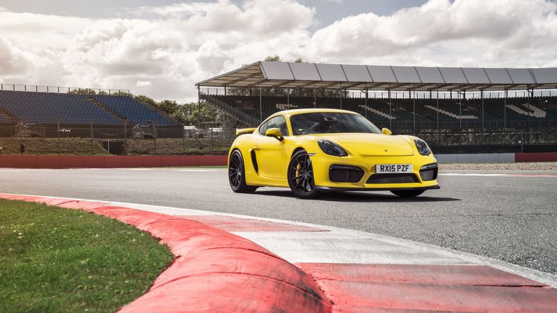 porsche, cayman, gt4, yellow, side view, 4k