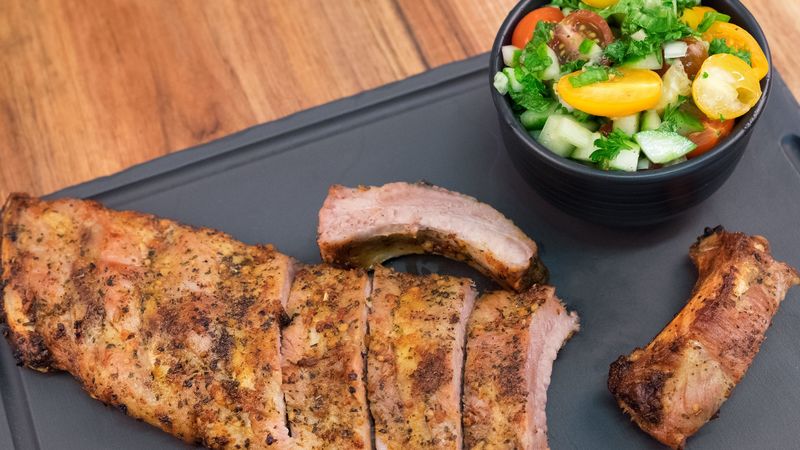 pork, vegetables, meat, roasted, 4k