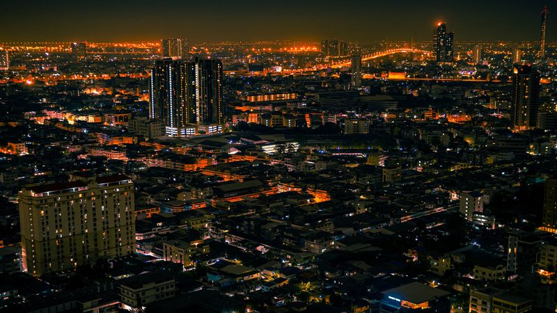 night city, aerial view, lights, streets, 4k